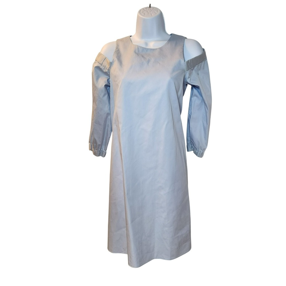 Tibi Light Blue Cold Shoulder Shift Dress 3/4 Sleeve Button Back Minimalist Sz 4